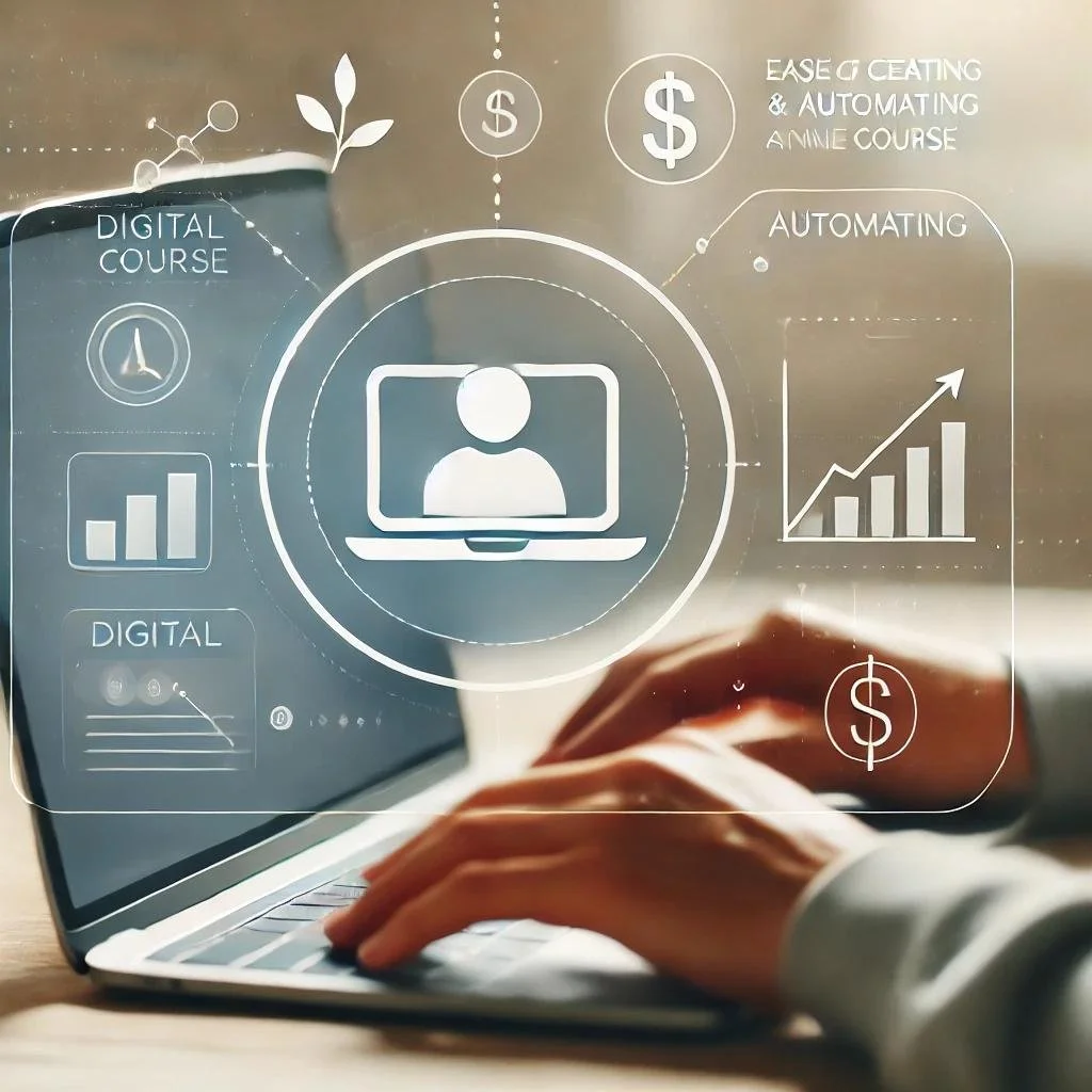Person using a laptop with digital graphics overlay showing icons of a person, a graph, a clock, and dollar signs indicating online courses and automation.