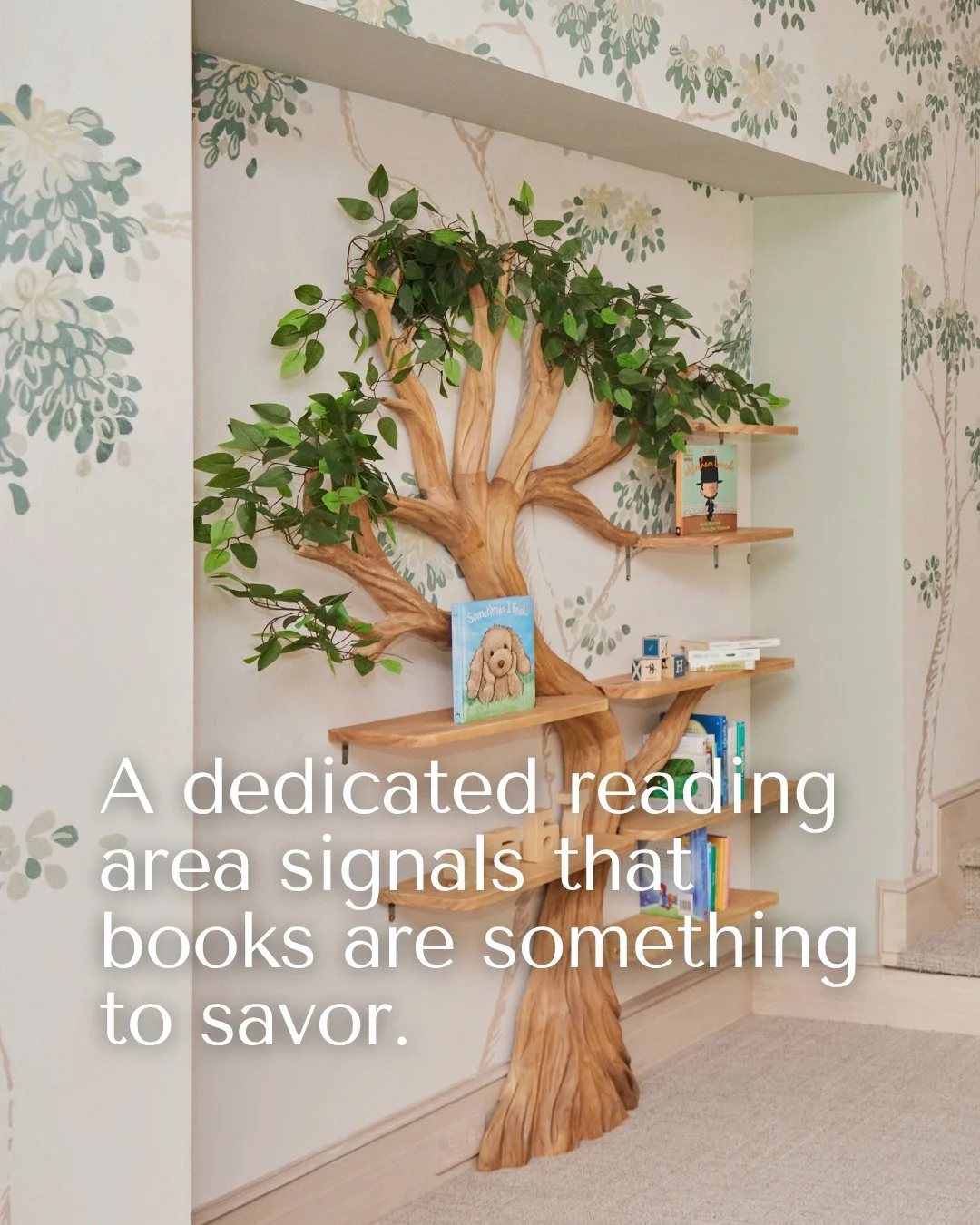 It's book fair week, which is the perfect excuse to talk about reading nooks in playrooms (my personal favorite zone and arguably the most important). ⁠
⁠
The routine of settling into a cozy nook helps children internalize the idea that reading is sp