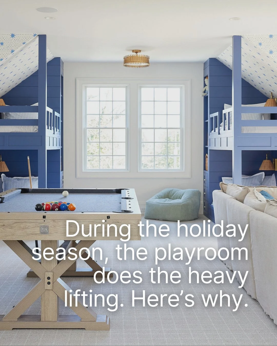The hardest working room during the holidays? Hands down, the playroom.⁠
⁠⁠⁠
It catches new gifts, hosts the cousins, and offers children a cozy corner to reset when the chaos feels overwhelming. It absorbs big energy, contains the mess, and preserve