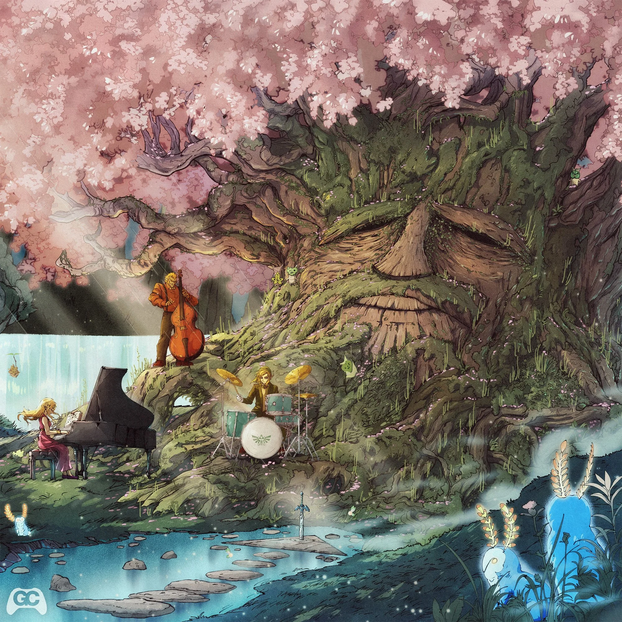 Three musicians perform a concert in Hyrule Forest before The Great Deku Tree and enraptured creatures of the forest.
