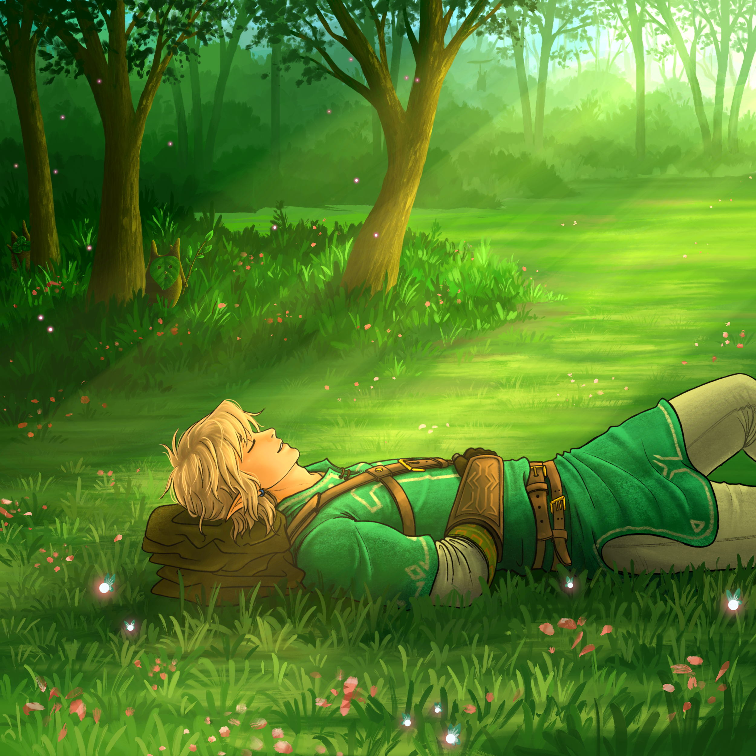 Link takes a moment to rest in the grassy green meadow in Hyrule Field