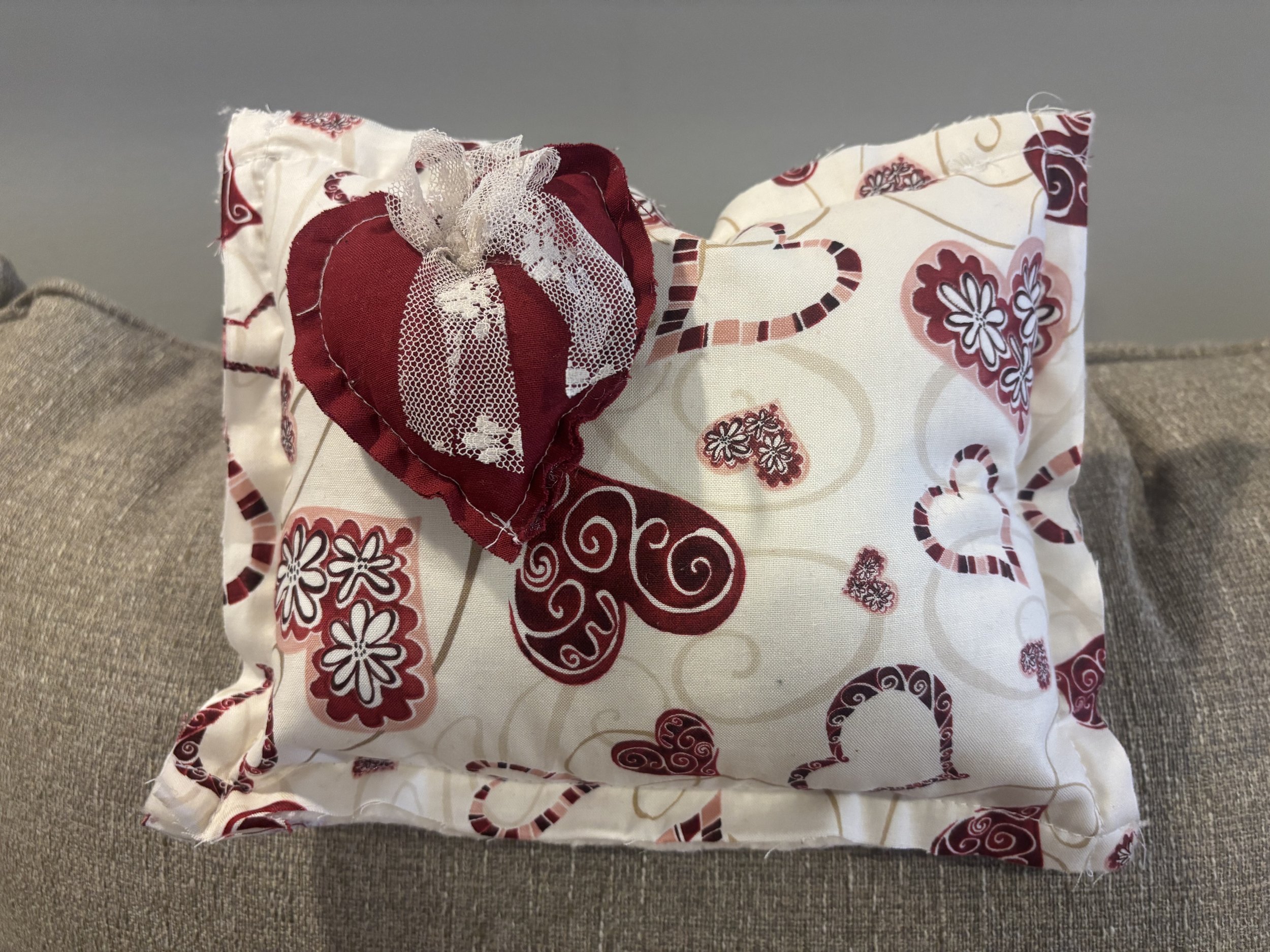 White and Burgundy Print Pillow with Burgundy Heart