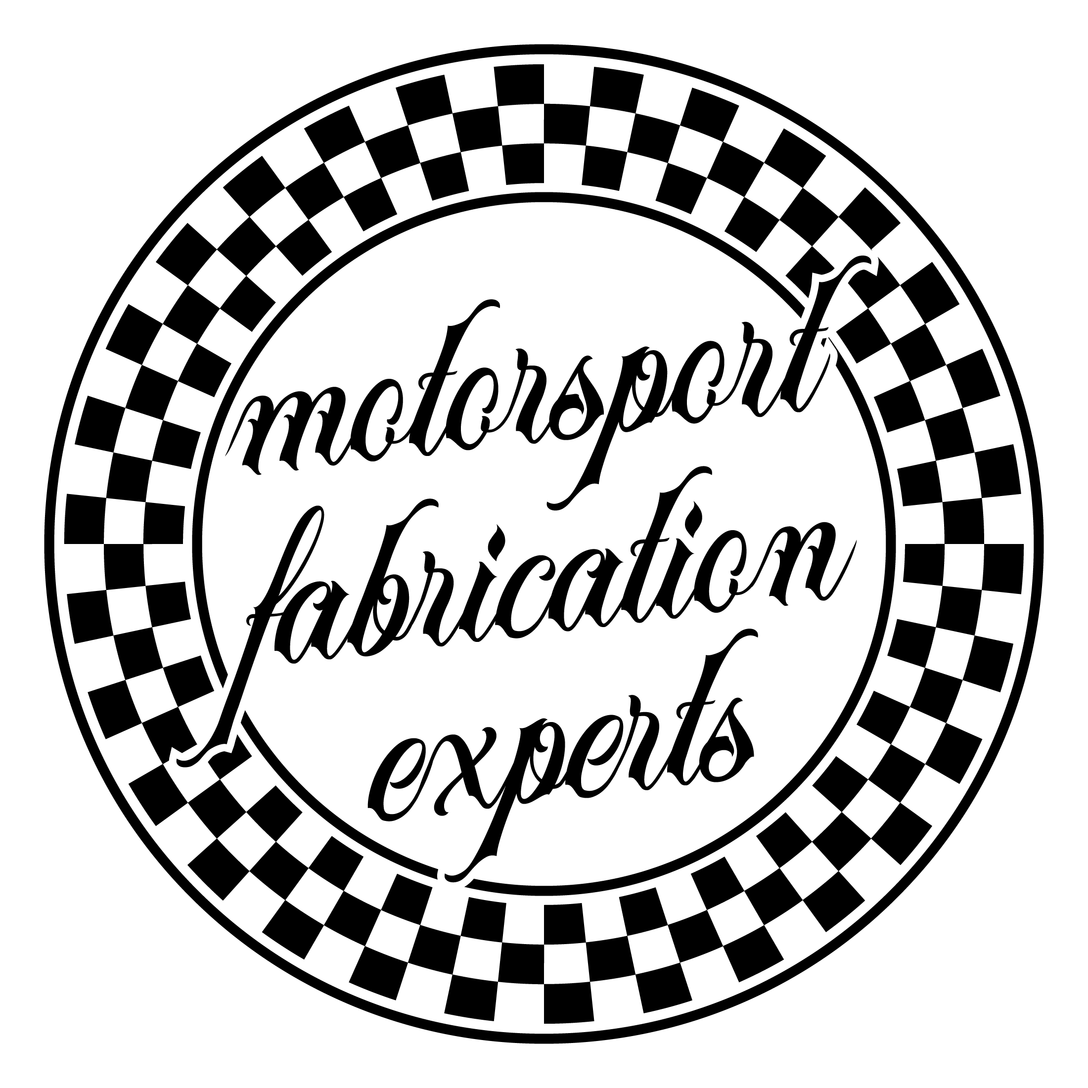 Logo with checkered circle border and cursive text reading 'motorsport fabrication exports' inside.