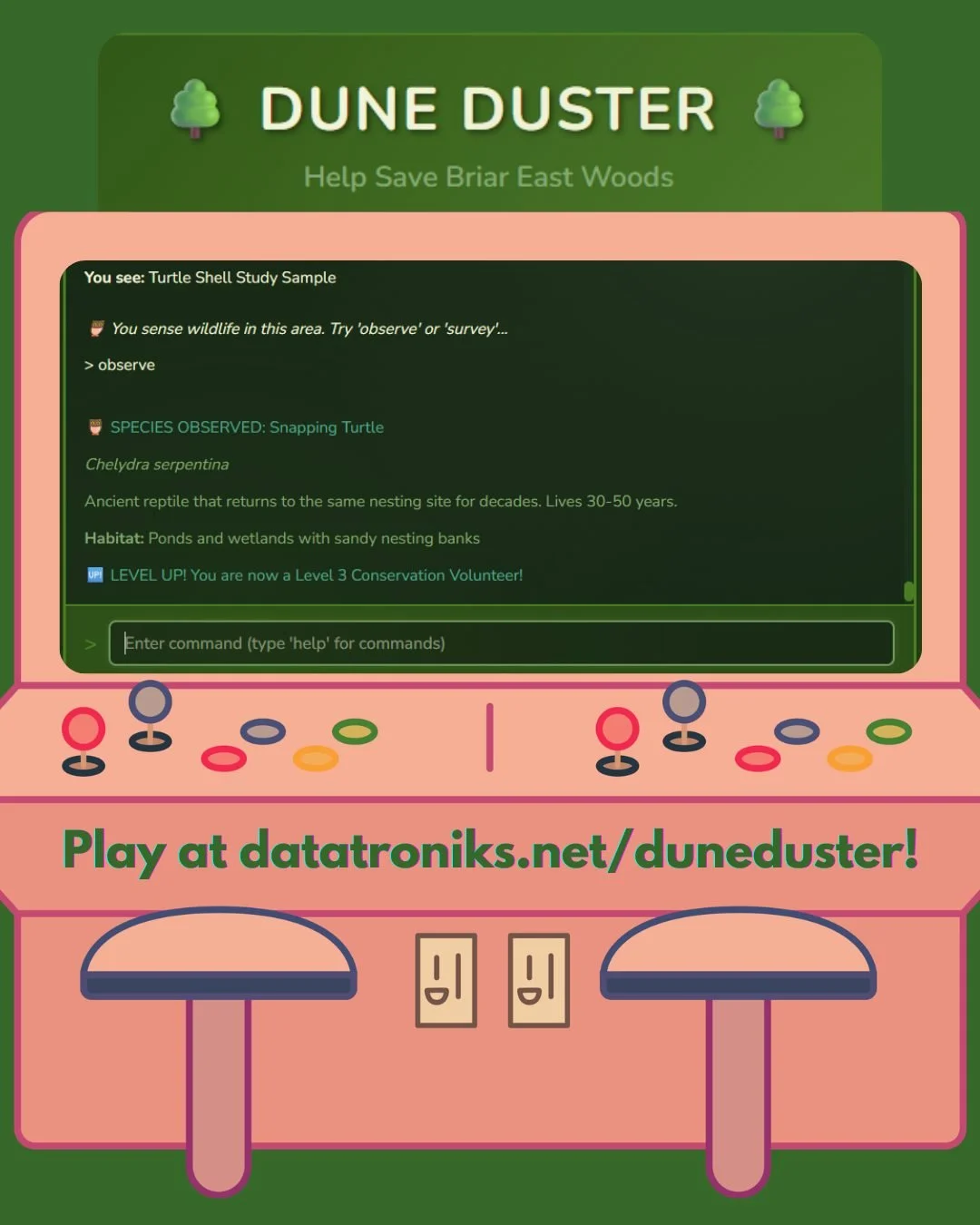 📢 You can now hang out in Briar East Woods VIRTUALLY! 🌳 Try @revswirl's new text adventure game, Dune Duster. Wander through the woods, learn about the flora and fauna, and complete volunteer quests to save the forest! 

Play now at datatroniks.net