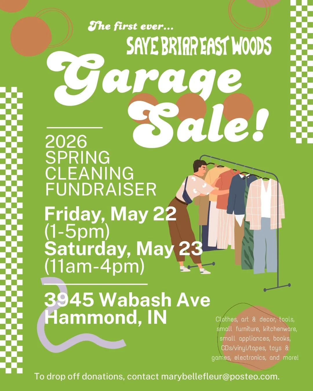 📢 Announcing the first ever Save Briar East Woods Community Garage Sale! Come on out, treasure hunt, and catch up with us. All proceeds benefit Save Briar East Woods.

🗓️ Friday 5/22 (1-5pm) and Saturday 5/23 (11am-4pm)
📌 3945 Wabash Ave, Hammond,
