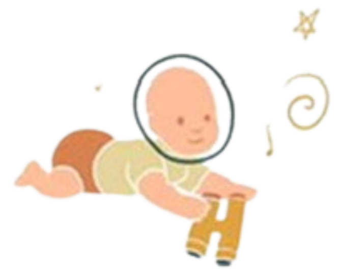 Cartoon baby lying on stomach with a telescope, wearing a bonnet, surrounded by musical notes and a butterfly.