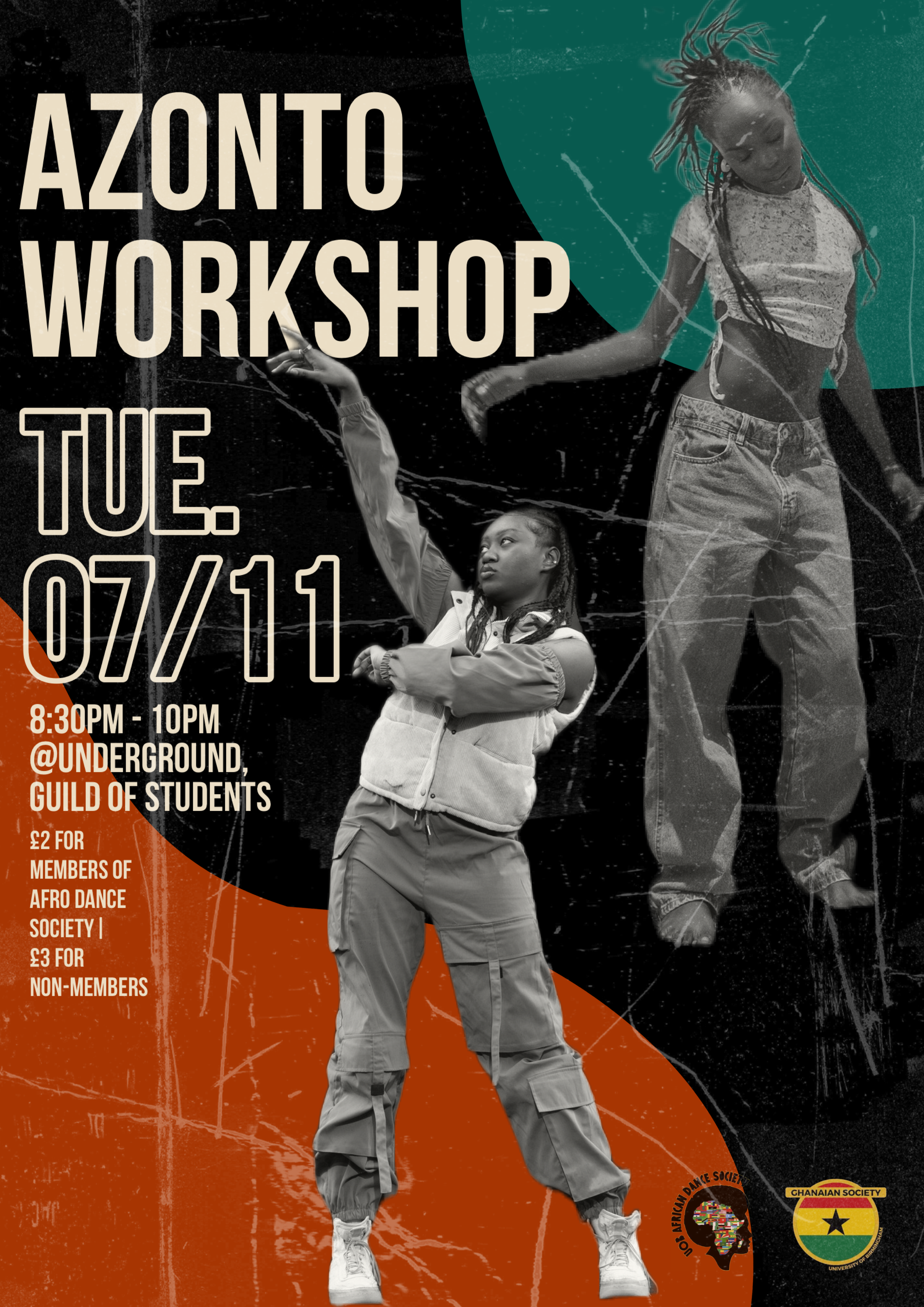 Azonto Workshop |

Inspired by the colours of the Ghanaian flag and the energy of our dance culture, this poster was designed to promote a dance workshop. It was made on Adobe Express and shared on Instagram and TikTok. 
