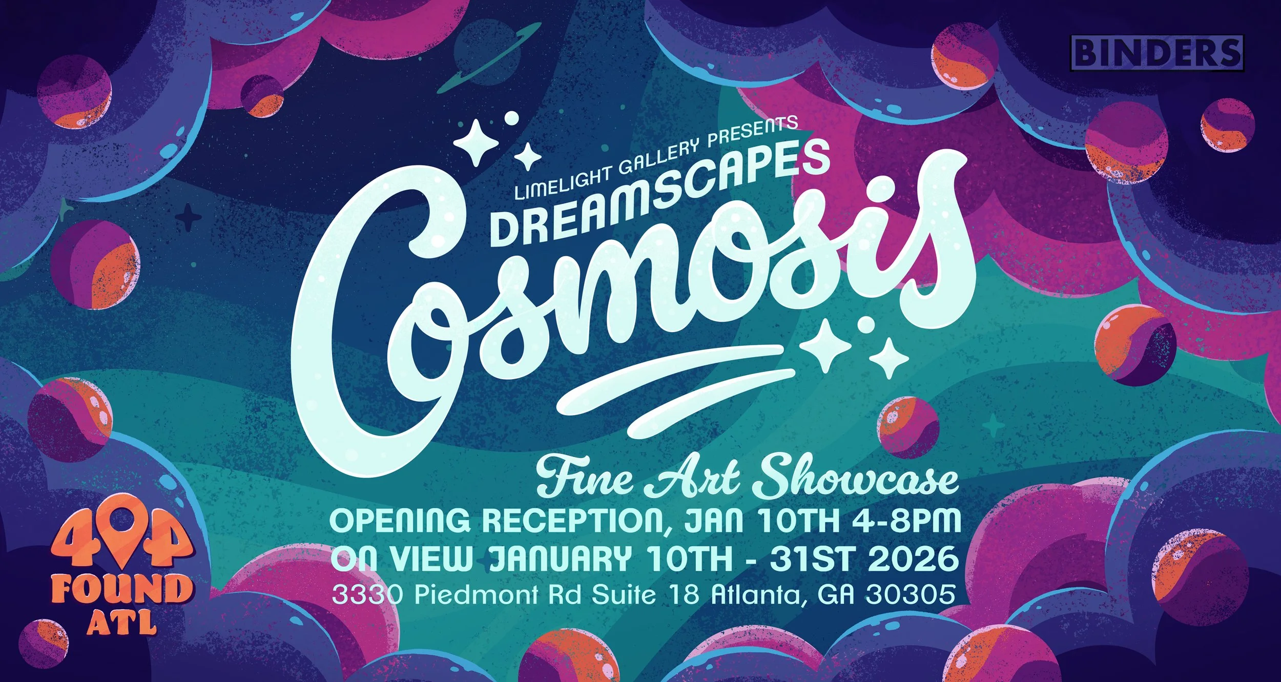 Event poster with cosmic design featuring planets and stars for 'Cosmos' art showcase at Limelight Gallery, Atlanta, opening reception January 10th from 4 to 8 PM, view until January 31st, 2026 at 3330 Piedmont Rd Suite 18.