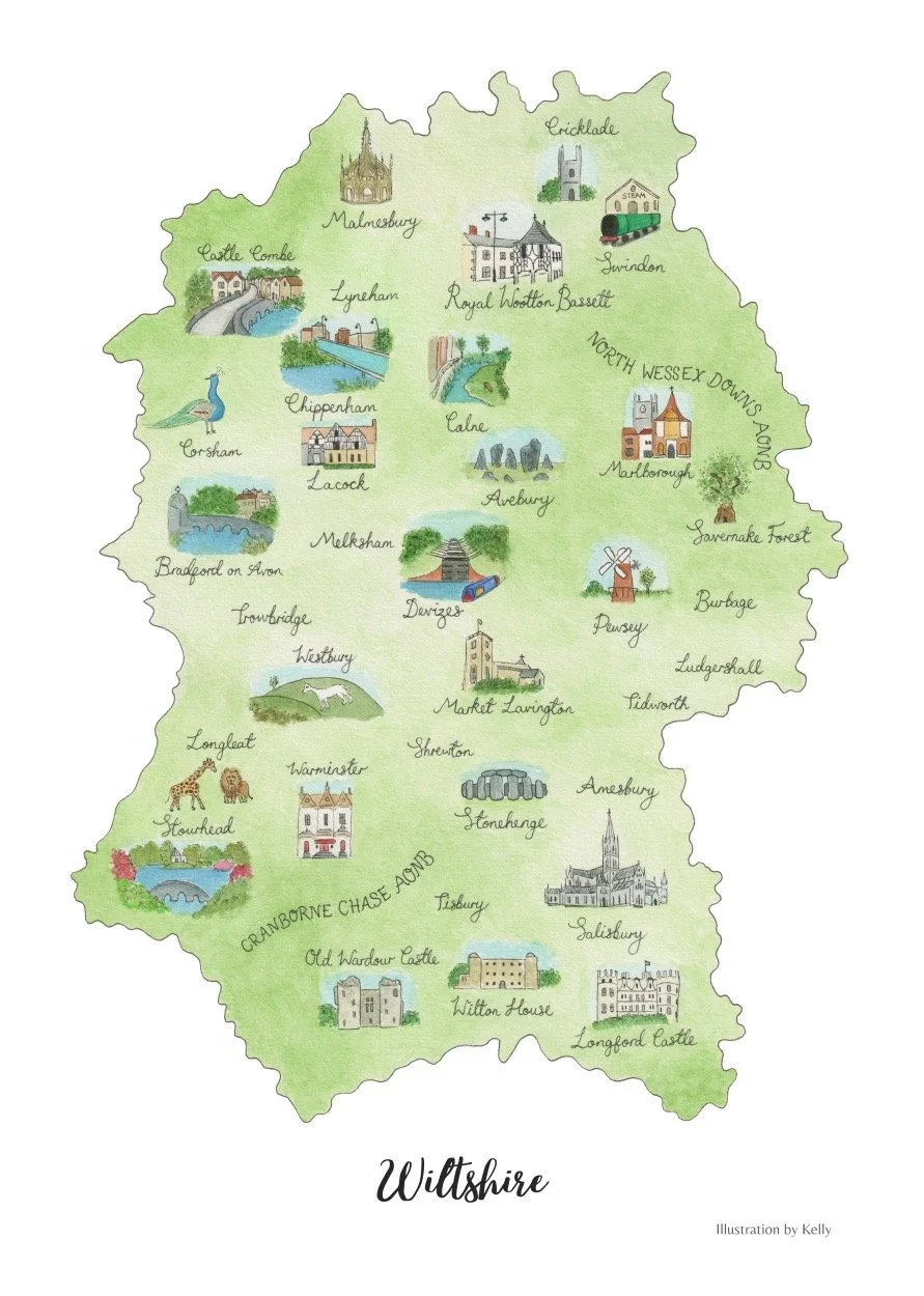 Wiltshire Illustrated Map A4 Art Print