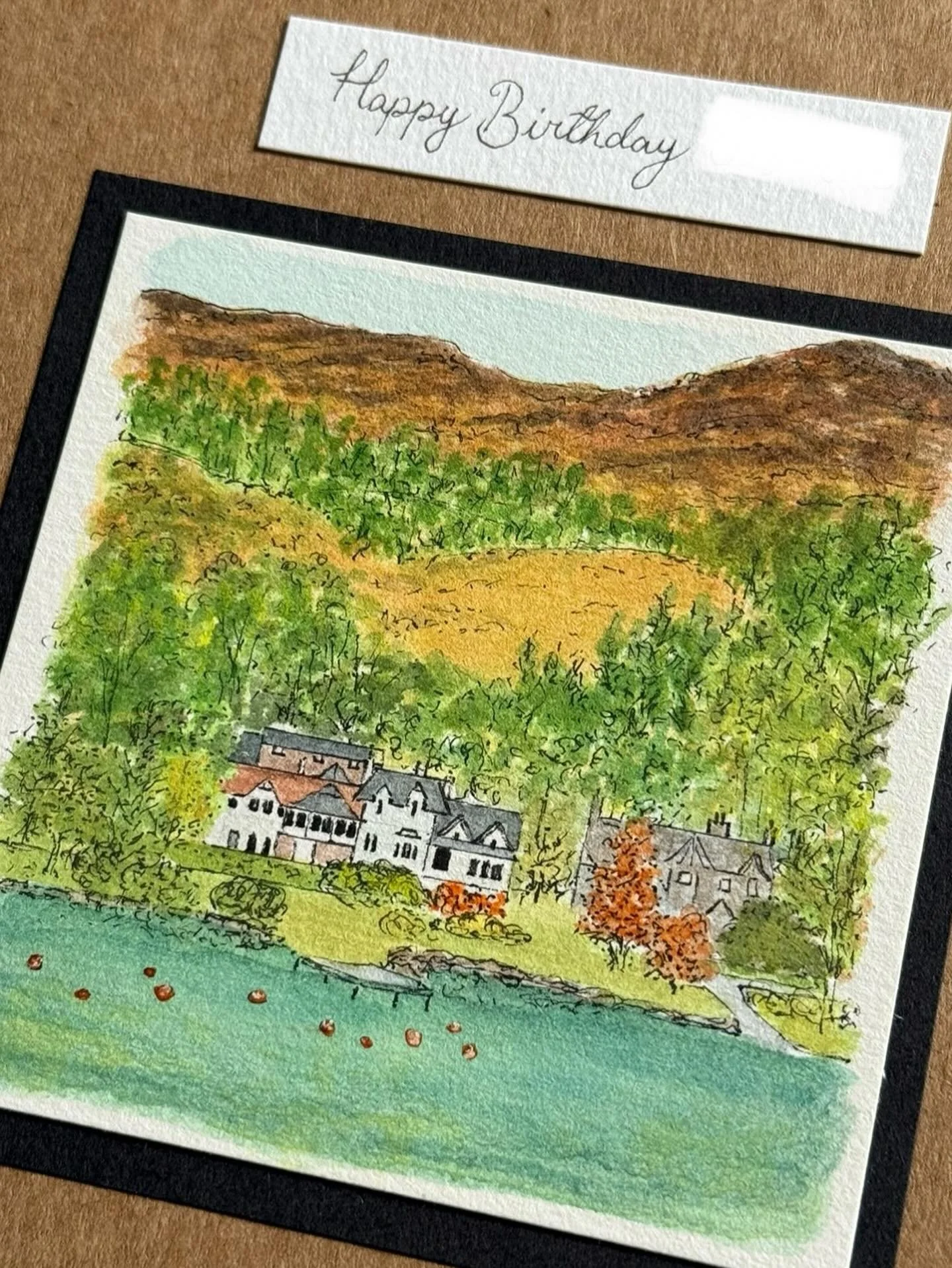 My latest bespoke card illustrated for an Etsy customer! ✨
This is the beautiful @achrayhouse on Loch Earn, Scotland - the setting for a special birthday getaway. My client asked for the location to be painted on the front of the card to capture the