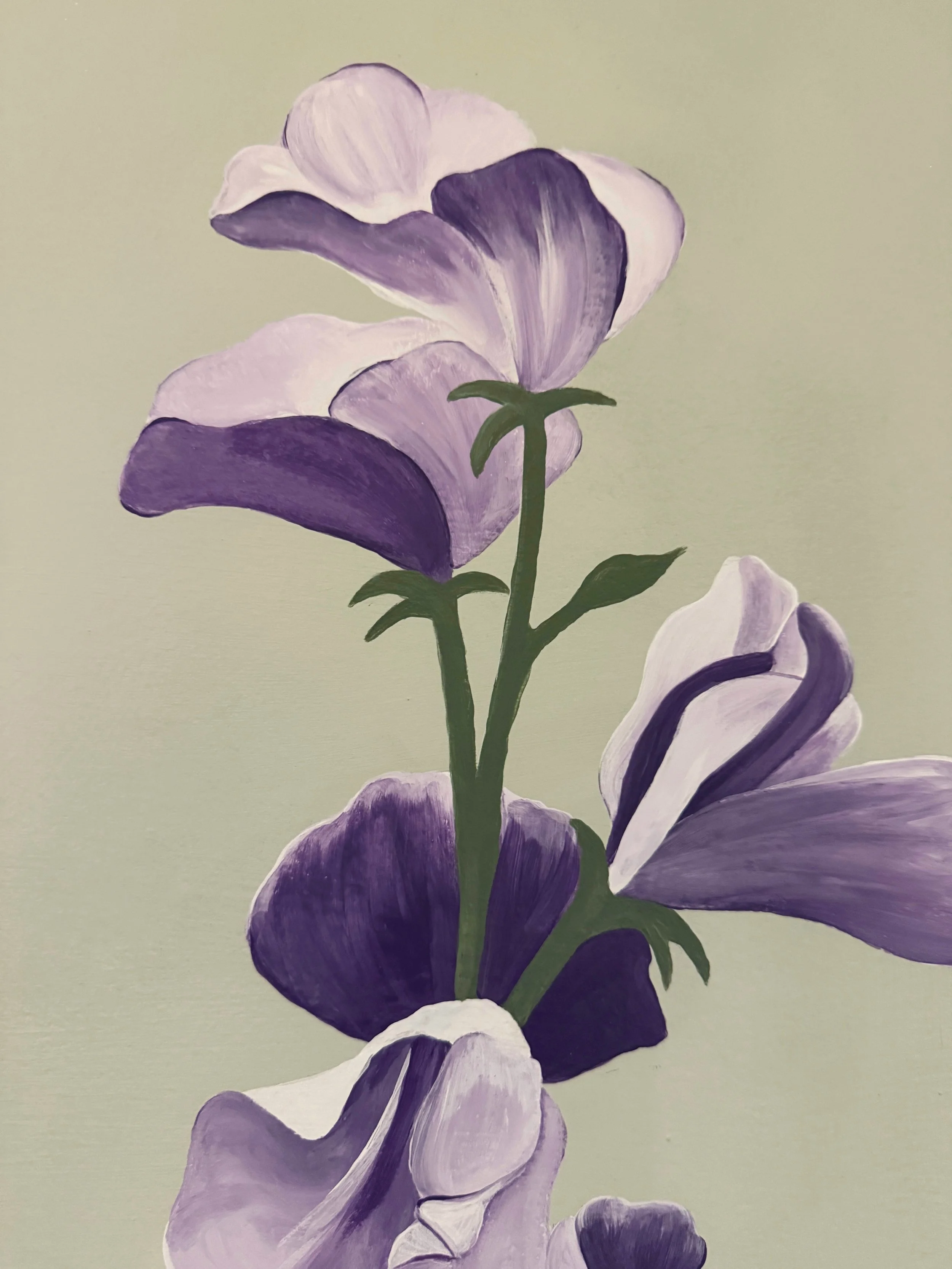 A painting of purple and white sweet pea flowers on a light background.