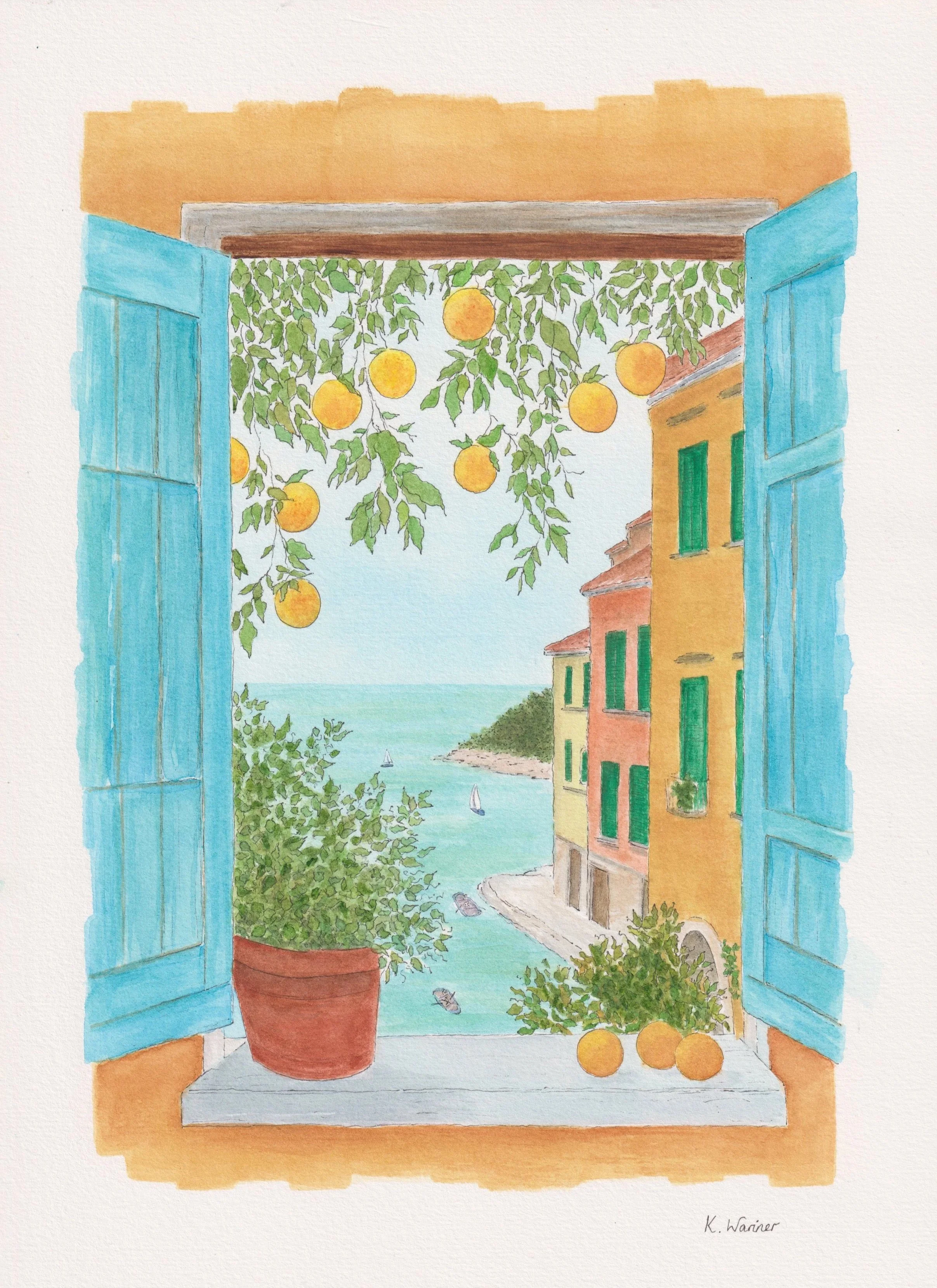Watercolour painting of a seaside view seen from a window with blue shutters. Orange trees hang overhead, with some oranges on the windowsill and others on the ground. The scene includes colourful buildings and a small boat on the water.