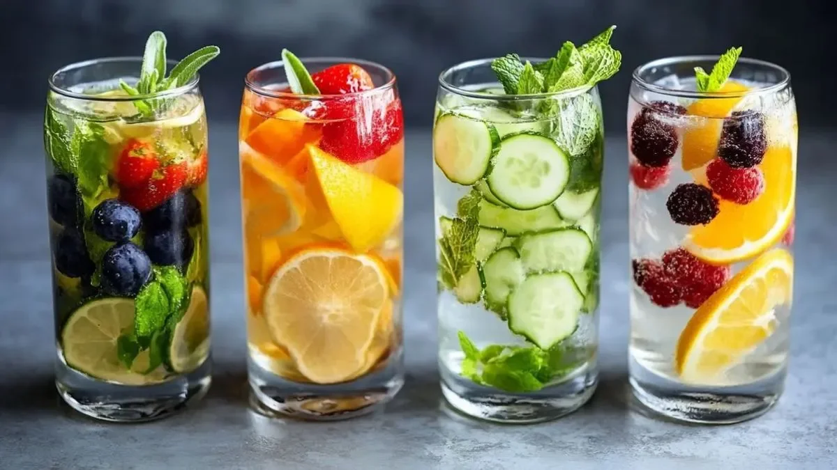 Four tall glasses filled with fruit-infused water, each containing different fruits and herbs: blueberries, strawberries, lemon, orange, cucumber, and berries, with mint leaves.