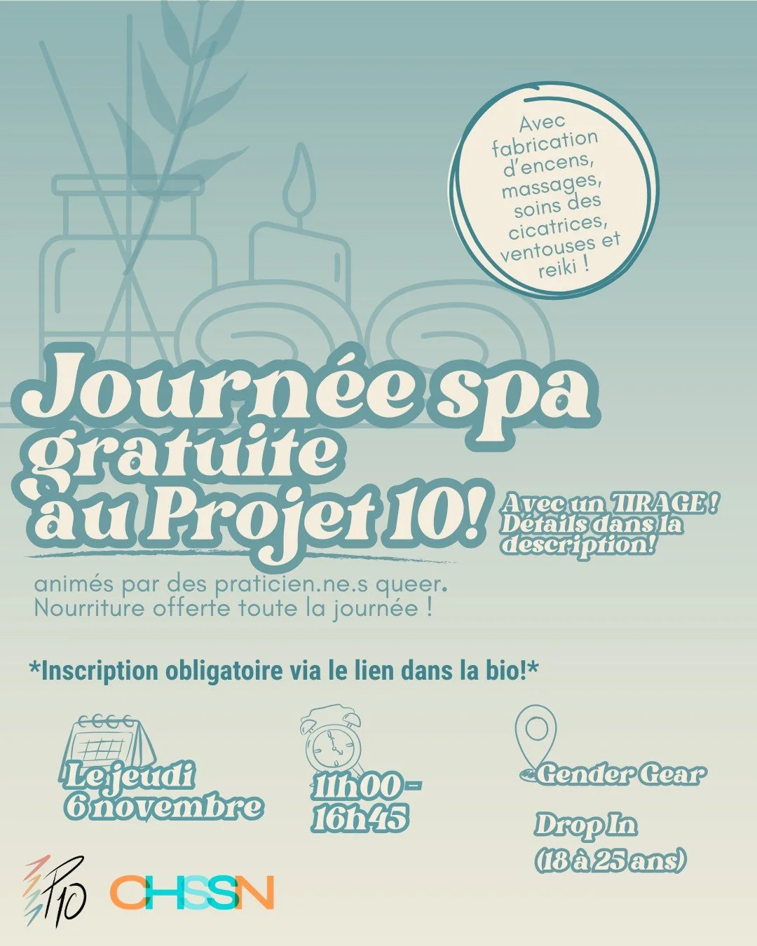 Free Spa Day at Project 10
Thursday, November 6, 11:00 AM to 4:45 PM

Enjoy massages, scarwork, cupping, reiki, and incense-water making, all led by queer practitioners.
Food will be provided throughout the day.
Must register with the link in bio.
If