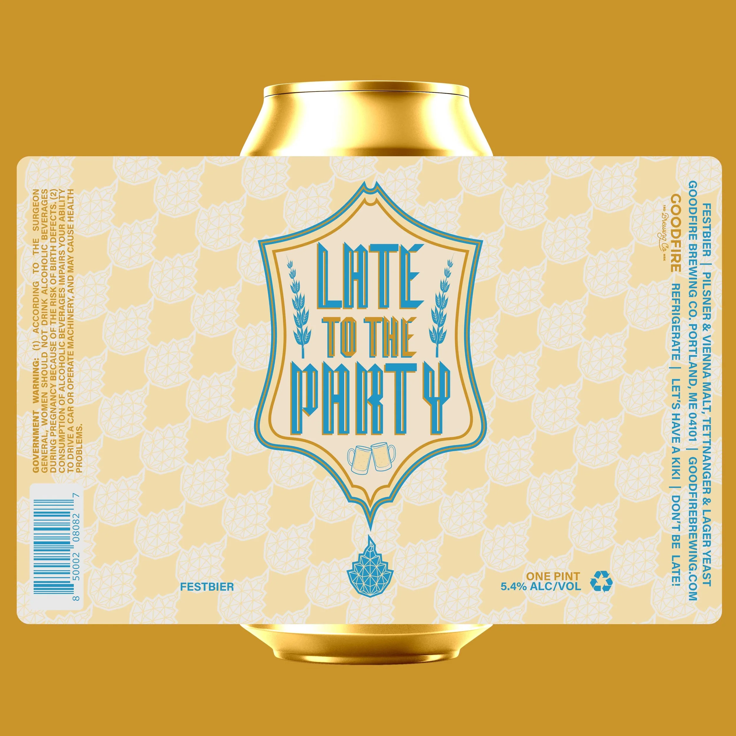 Late to the Party // Festbier // 5.4% ABV  // Our annual Festbier returns, late as always! The counterpart to traditional Oktoberfest Marzen, our Festbier is brewed with Pilsner, Munich, and Vienna malts. LTTP is hopped with Tettnang for a more pale,