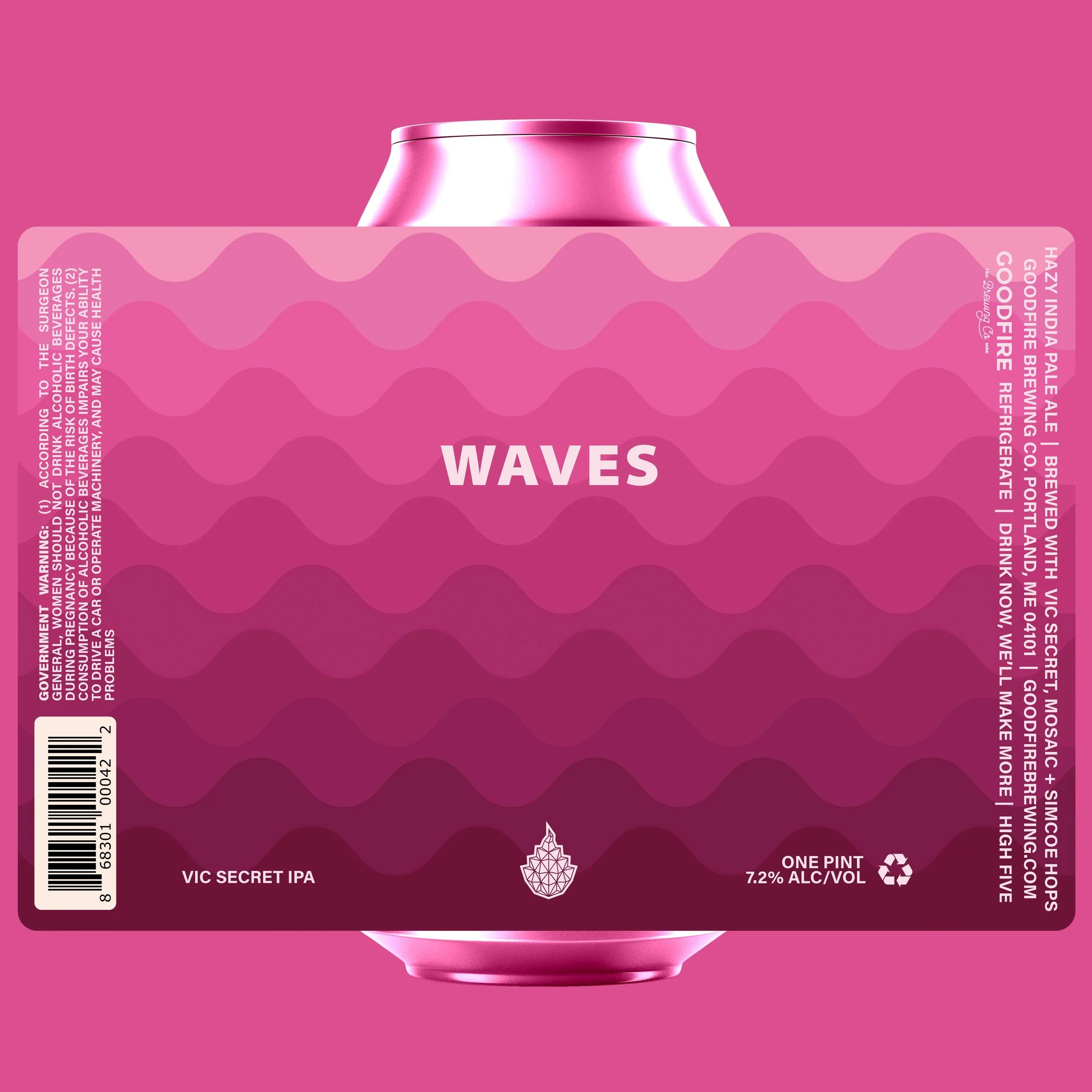 Waves // IPA // 7.2% ABV // Our secondary flagship IPA. Rich & textured, tropical & soft. Big flavors of Chardonnay, grape, pine, mango and citrus. Featuring Vic Secret and Mosaic hops.