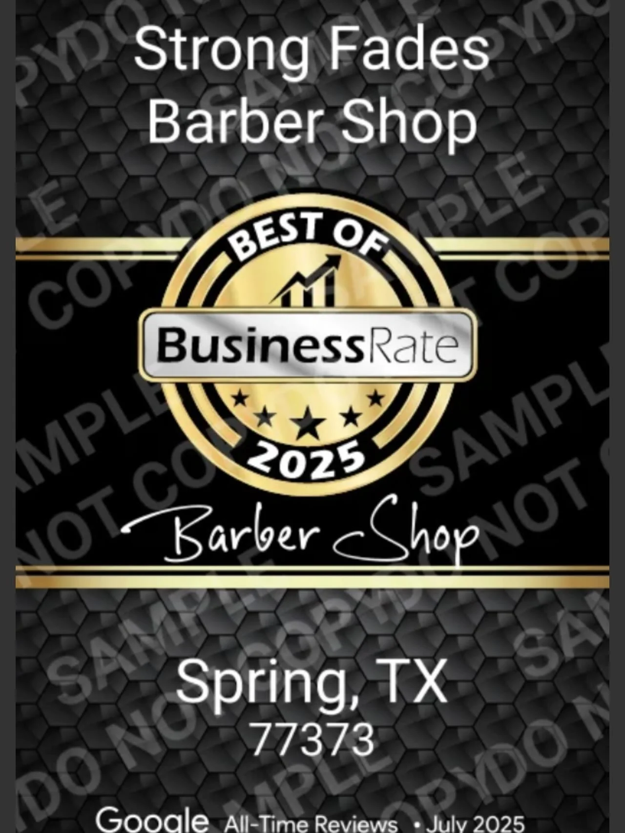 🏆 ORGULLOSAMENTE RECONOCIDOS
Strong Fades Barber Shop fue nombrada
Best Barber Shop in Spring, TX 77373 &ndash; 2025
Gracias a las rese&ntilde;as reales de nuestros clientes en Google ⭐⭐⭐⭐⭐
Este logro es de ustedes 🙏 💈💈💈💈🏆 PROUDLY RECOGNIZED
S