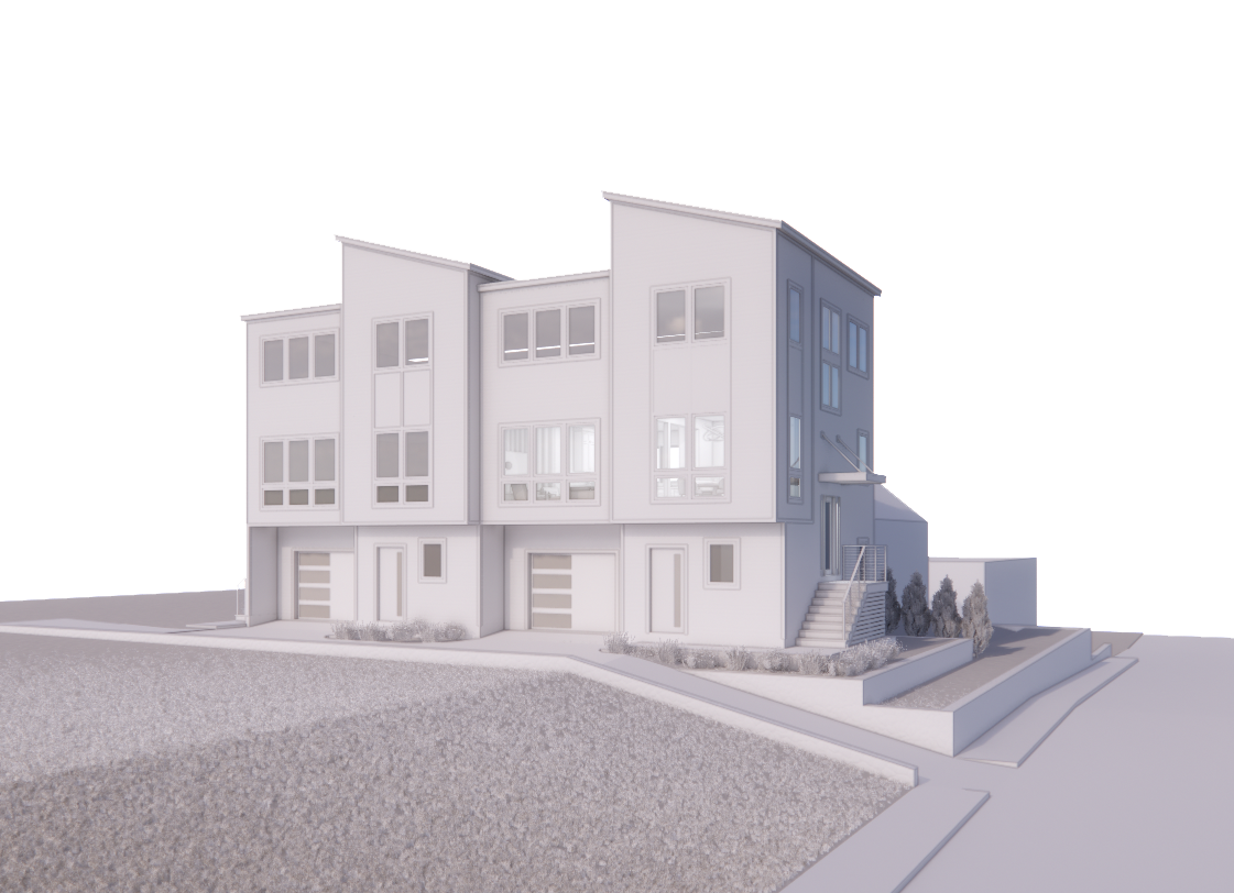 A clay model rendering of a modern two-family residential development project