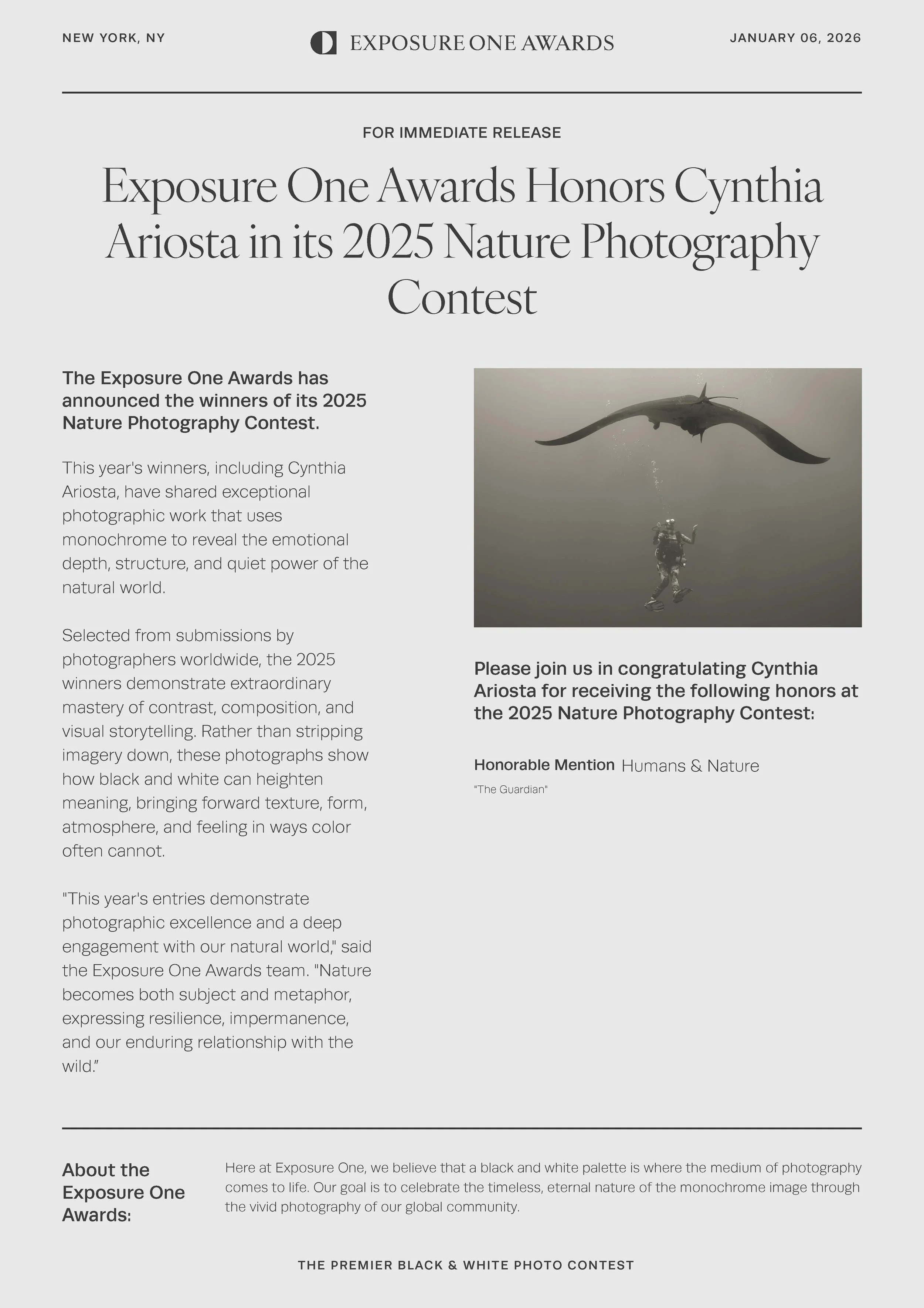 Press Release for "The Guardian", Cynthia Ariosta's award-winning photograph of a scuba diver and a giant manta ray.  Honorable Mention, Exposure One Awards 2025