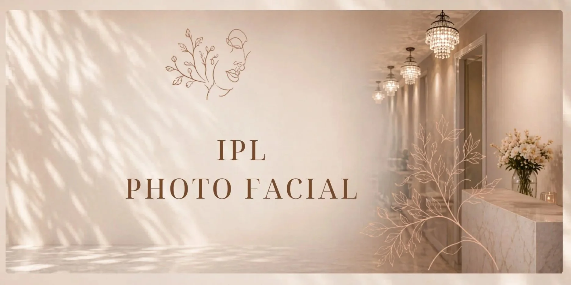 Interior of a spa or wellness center with a reception desk, flower arrangement, decorative vines, and chandeliers, advertising IPL photo facial service.