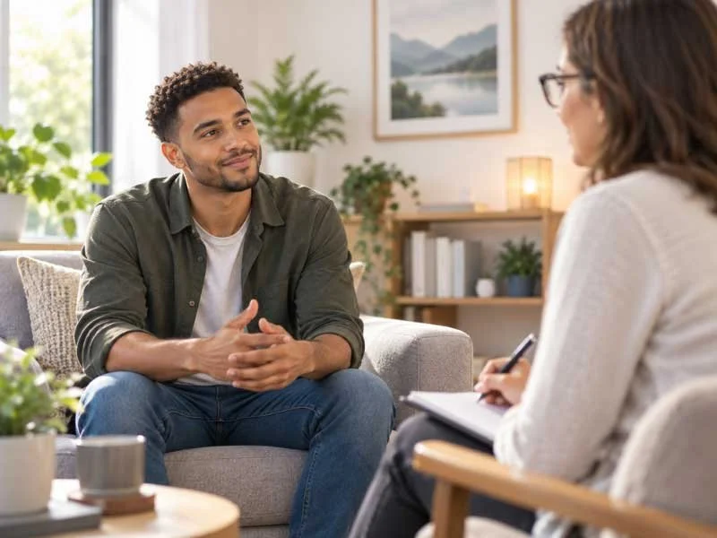 Person speaking with an addiction treatment provider about Suboxone and opioid addiction recovery options.