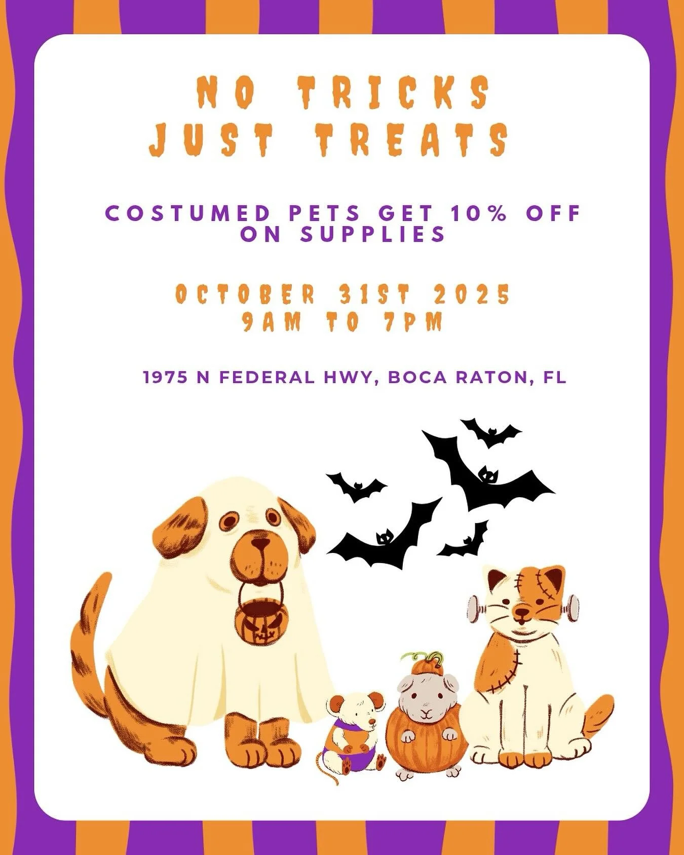 Don't miss out on our spooky savings! 🎃 Dress up your pet and enjoy 10% off supplies on Halloween, October 31st! 🐾