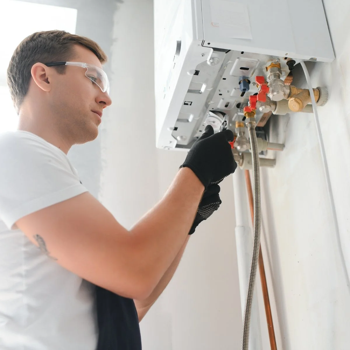 A technician wearing safety glasses and black gloves working on a heating or plumbing system mounted on a wall.