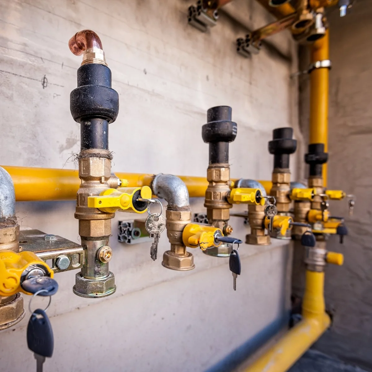 Image of multiple yellow and black valves connected to copper and metal pipes, with keys in some valve locks, arranged in a row on a concrete wall in an industrial setting.
