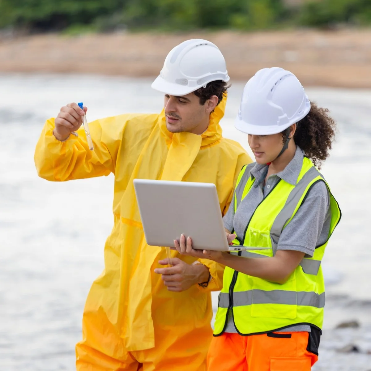 Two construction workers wearing safety helmets and high-visibility vests, one holding a laptop and the other holding a test tube, standing near a body of water at an outdoor construction site.