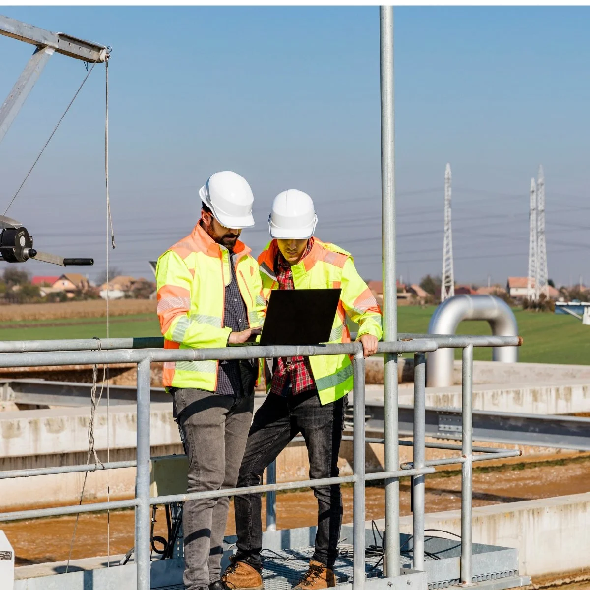Two construction workers in high-visibility jackets and white hard hats standing on a scaffold platform inspecting data on a laptop at an outdoor industrial site with power lines in the background.