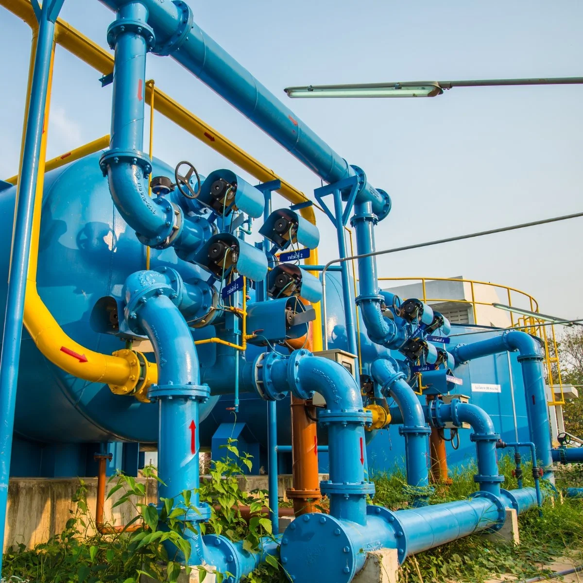 Industrial water treatment equipment with blue and yellow pipes and valves outdoors.