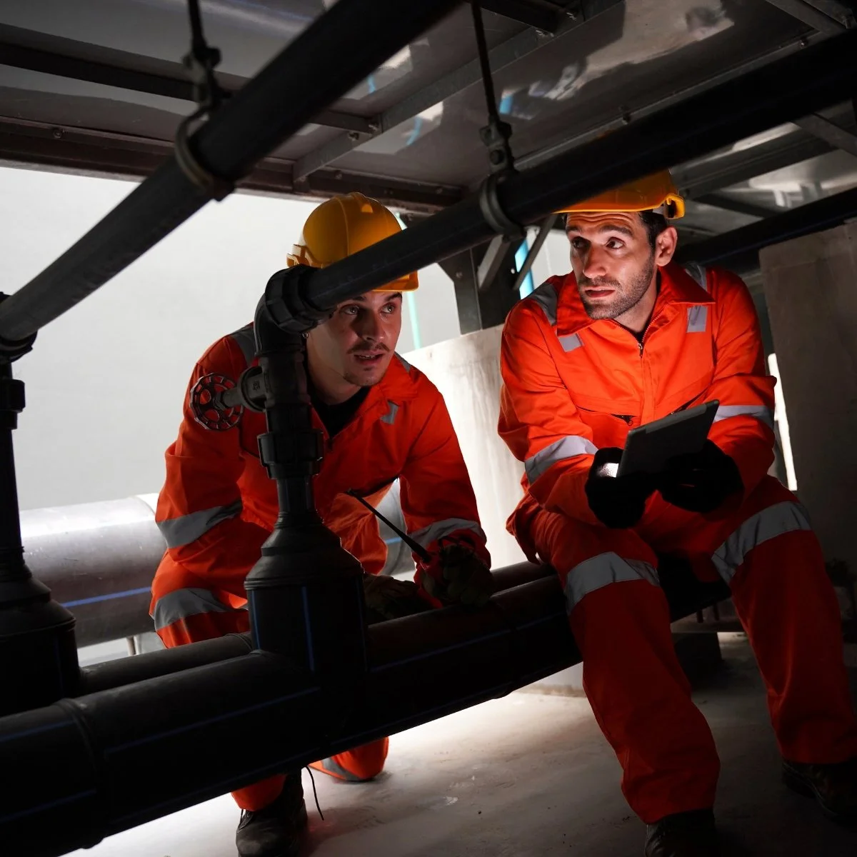 Two male workers in orange safety uniforms and yellow hard hats inspecting pipes under a structure, one of them holding a tablet.
