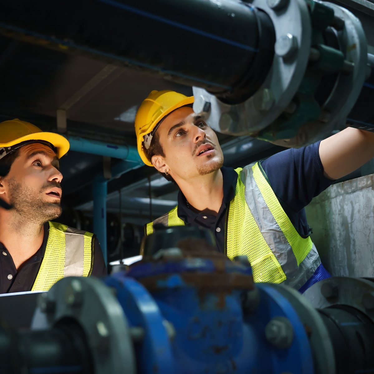 Two male workers wearing yellow safety helmets and reflective vests inspecting industrial pipes in a factory.