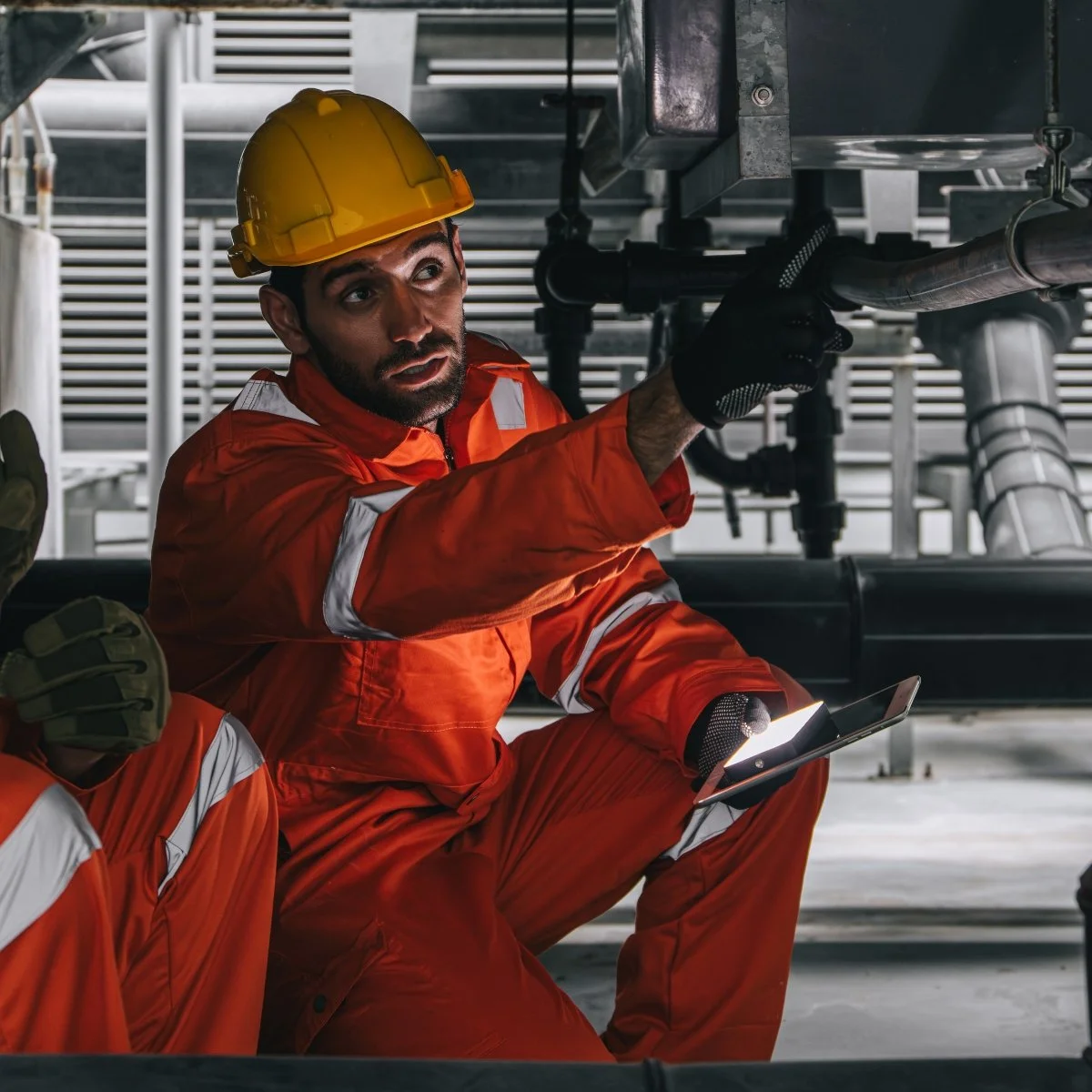 Maintenance worker wearing orange protective suit and yellow hard hat inspecting pipes with a flashlight and a tablet in an industrial setting.