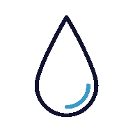 A simple line drawing of a water droplet with a small blue accent in the lower right corner.