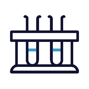 Illustration of a laboratory test tube rack holding three test tubes with blue caps.