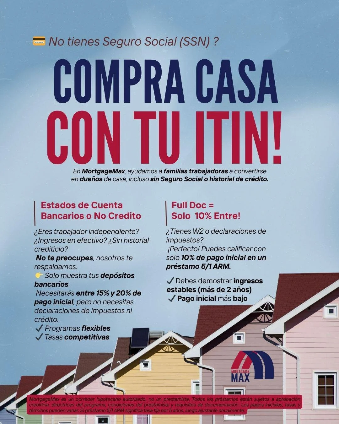 🏡 Tu sue&ntilde;o de la casa propia no necesita un seguro social! 🔥

Ayudamos a familias trabajadores a comprar su hogar con su ITIN, sin historial de cr&eacute;dito y sin haber declarado los impuestos. 

💰 Contamos con varios programas que se ada