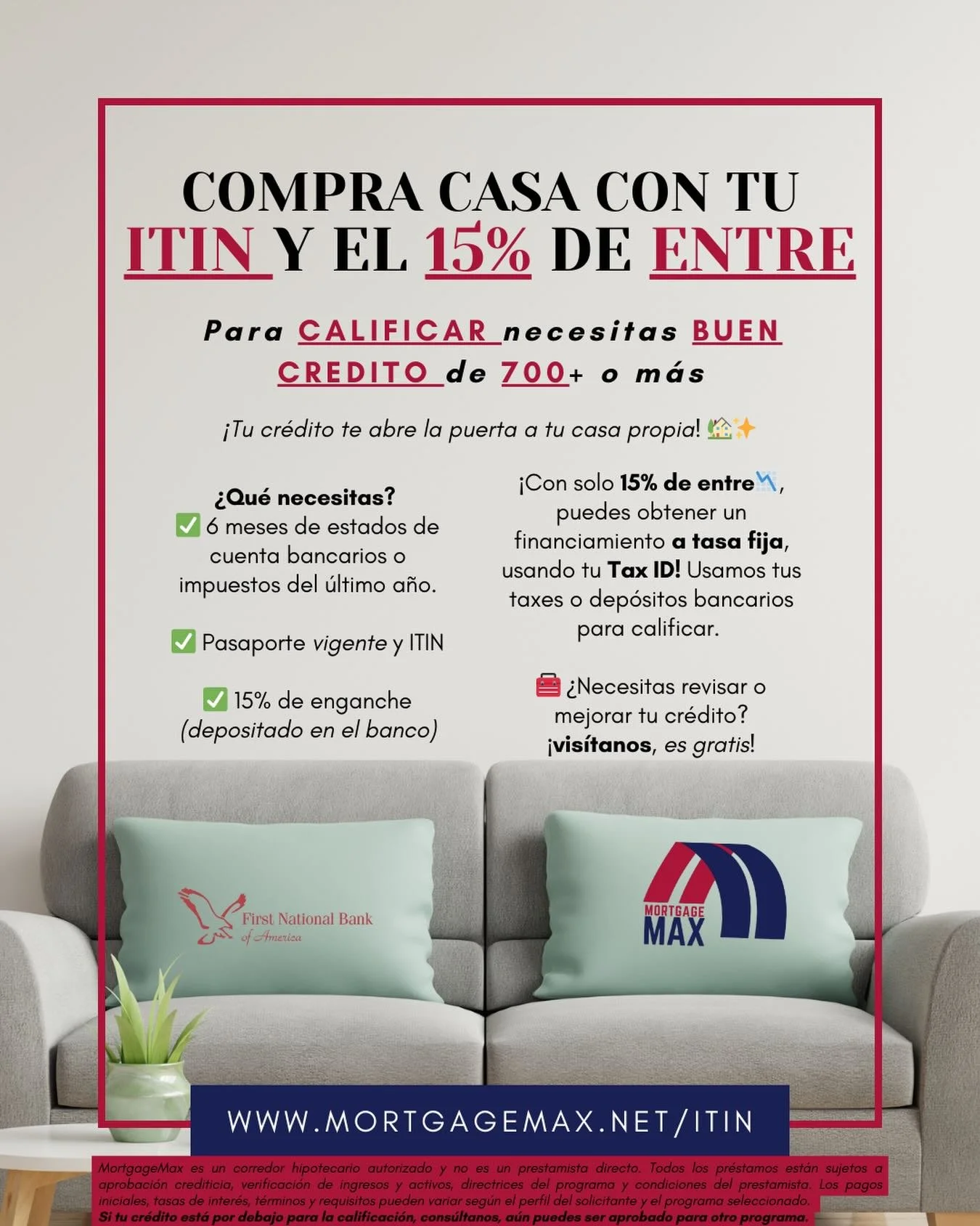 Tu ITIN s&iacute; abre puertas 🔑🏡
Con 15% de enganche y buen cr&eacute;dito, tu casa propia es posible.

📲 &iexcl;Te asesoramos sin costo!
