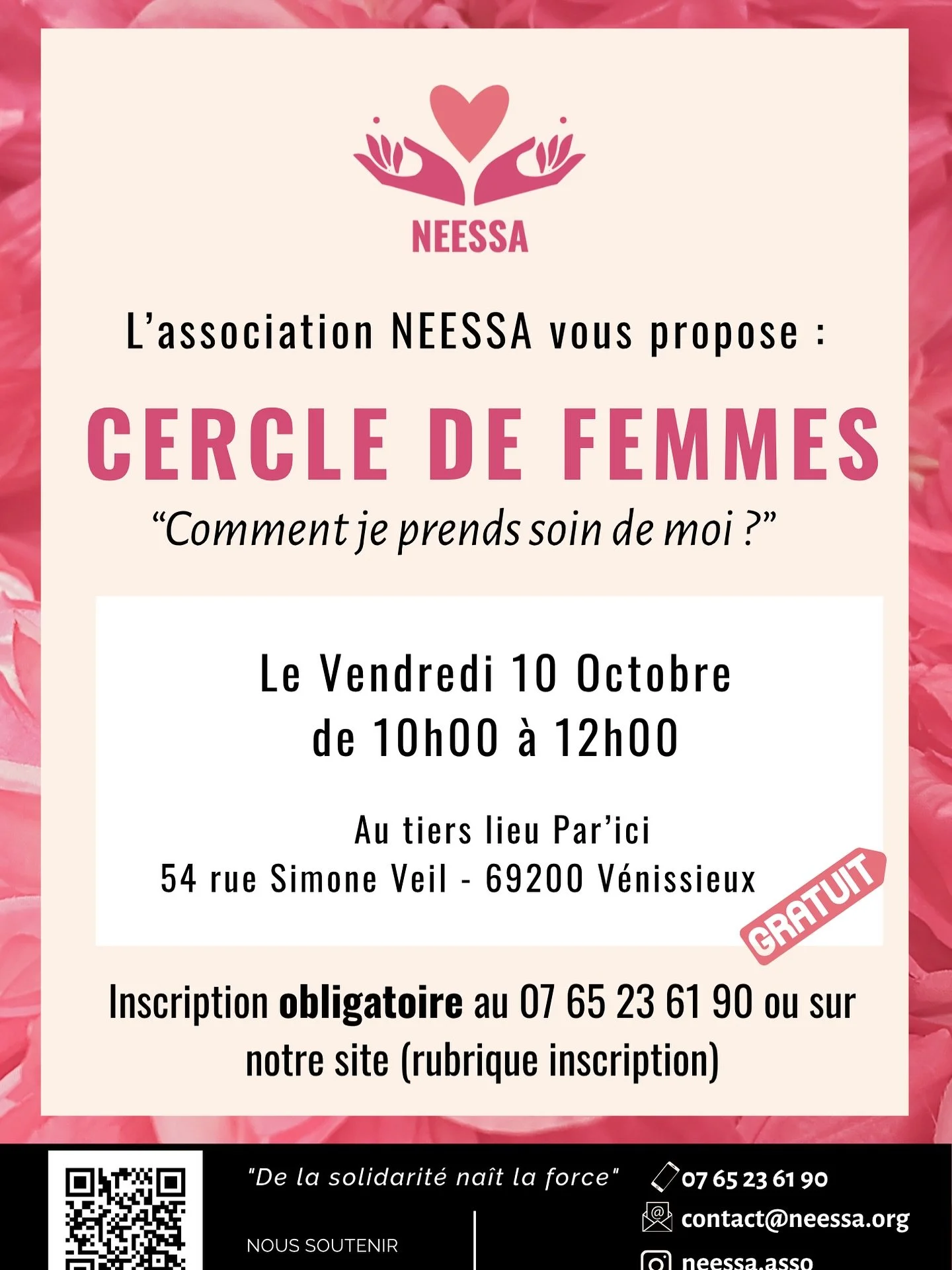 🥳Save a date !

&laquo;&nbsp;Comment je prends soin de moi ?&nbsp;&raquo; c&rsquo;est le th&egrave;me de notre 1er cercle de femmes qui aura lieu vendredi 10 octobre prochain !

Si tu souhaites y participer, il te suffit de t&rsquo;inscrire directem