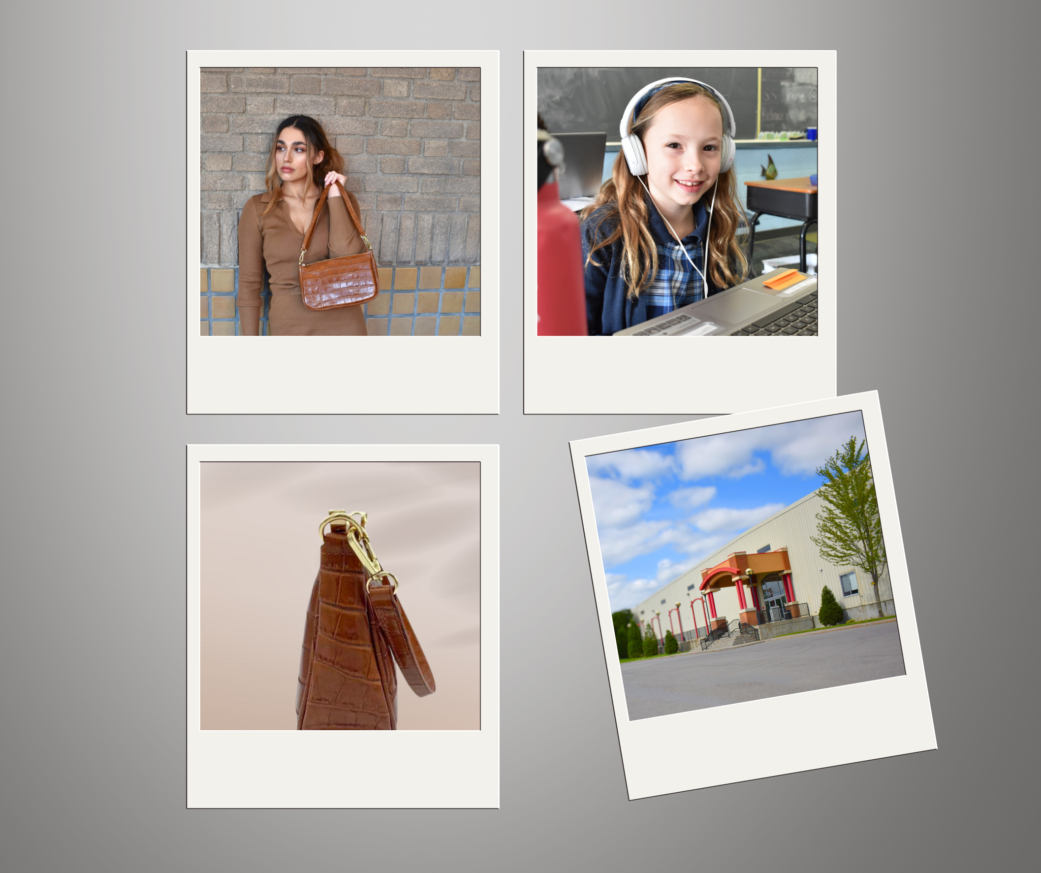 Four Polaroid photos, one of a woman with a brown purse, one of a girl with headphones using a laptop, one of a brown purse, and one of a large building with an entrance and trees outside.