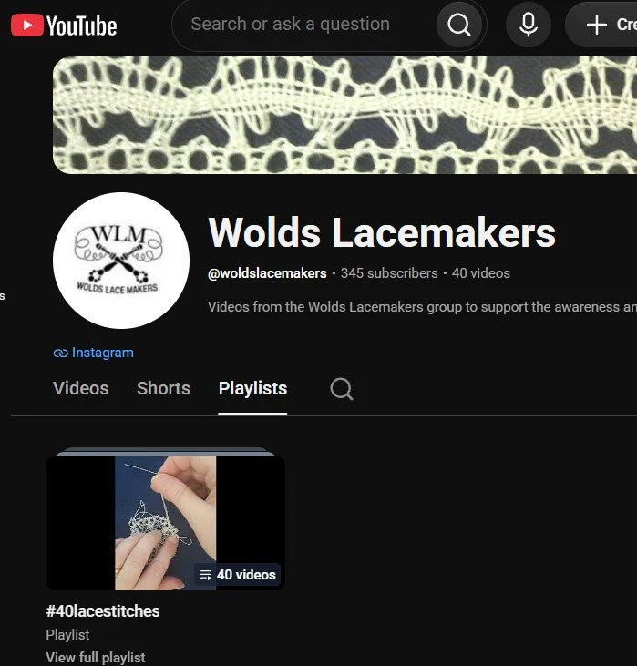 YouTube header for the Wolds Lacemakers playlist for their stitch bank