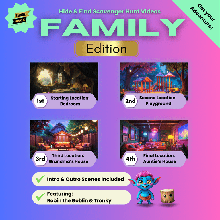 Image video bundle for Family edition scavenger hunt video for kids with locations: bedroom, playground, grandma's house, and auntie's house. Price: £16.