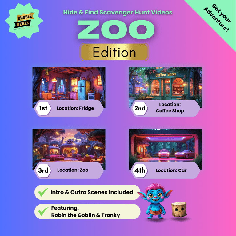Image video bundle for Zoo edition scavenger hunt video for kids with locations: fridge, coffee shop, zoo, and car. Price: £16.