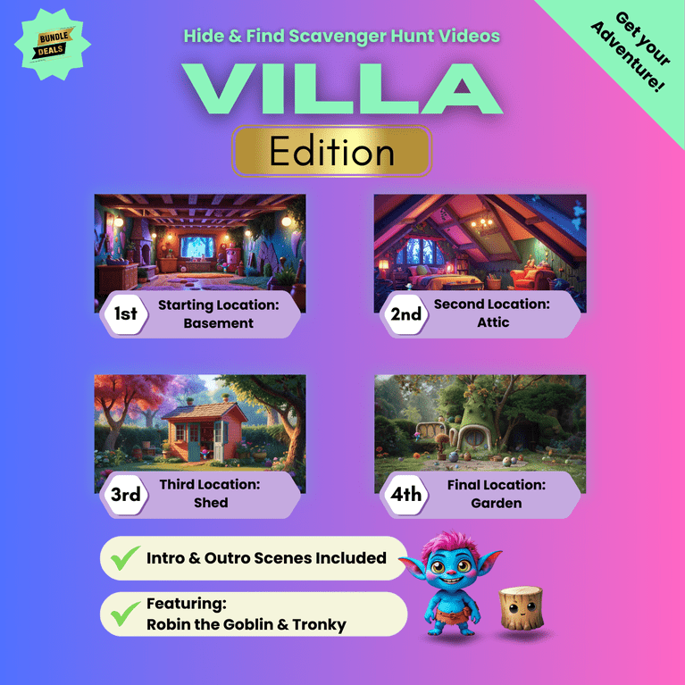 Image video bundle for Villa edition scavenger hunt video for kids with locations: basement, attic, shed, and garden. Price: £16.