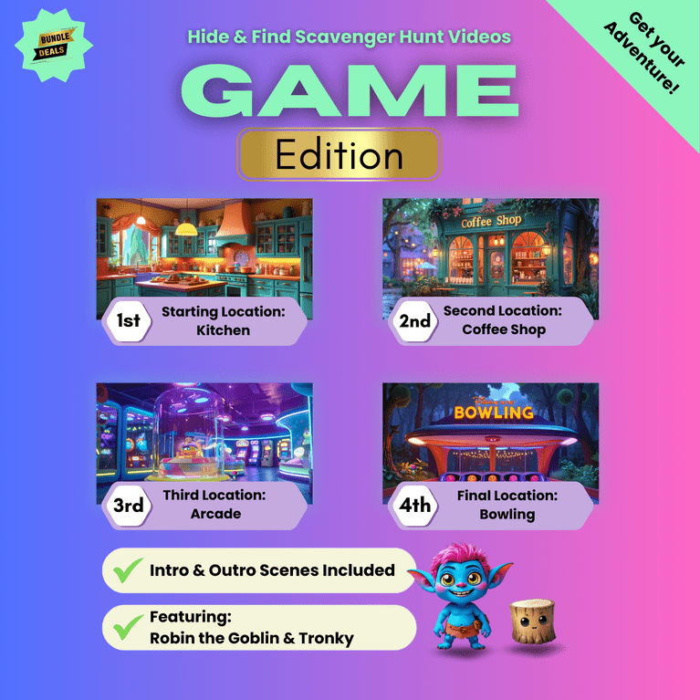 Image video bundle for Game edition scavenger hunt video for kids with locations: kitchen, coffee shop, arcade, and bowling. Price: £16.