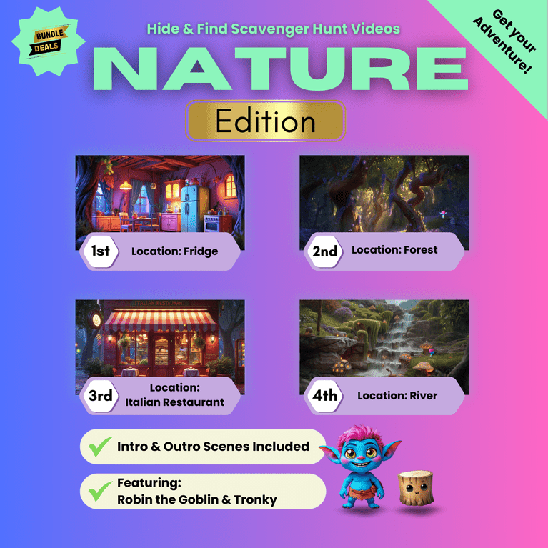 Image video bundle for Nature edition scavenger hunt video for kids with locations: fridge, forest, Italian restaurant, and river. Price: £16.