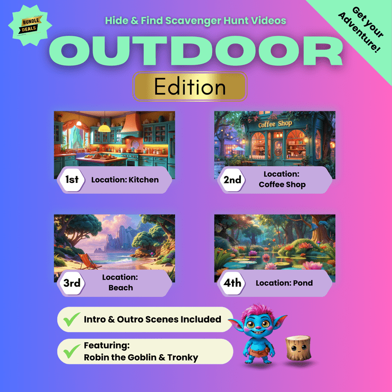 Image video bundle for Outdoor bundle scavenger hunt video for kids with locations: kitchen, coffee shop, beach, and pond. Price: £16.