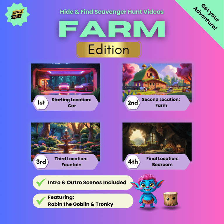 Image video bundle for Farm edition scavenger hunt video for kids with locations: car, farm, fountain, and bedroom. Price: £16.