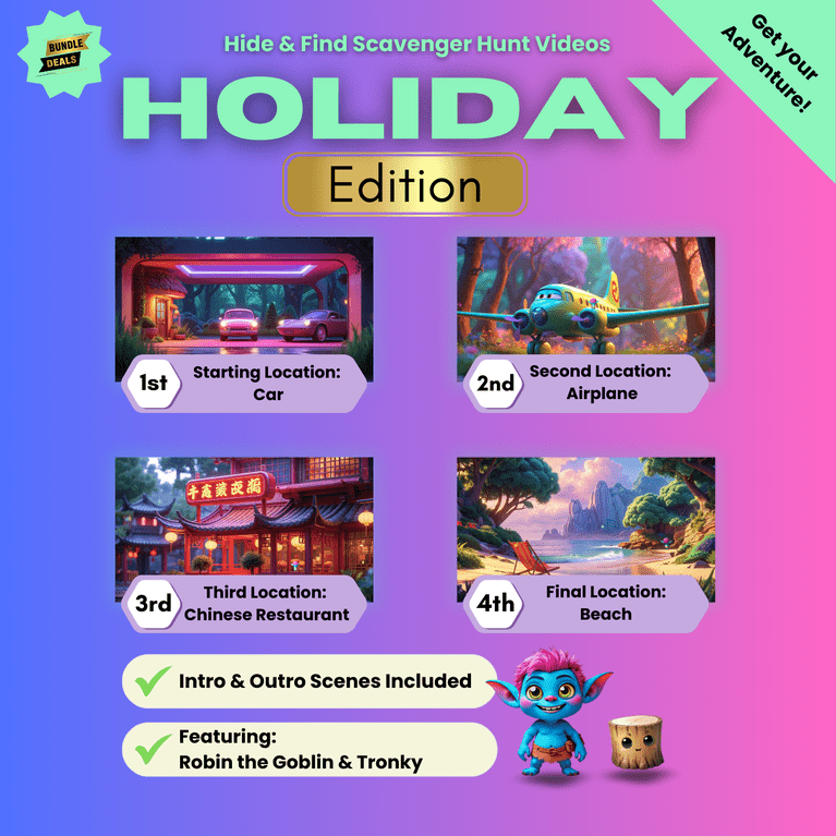 Image video bundle for Holiday edition scavenger hunt video for kids with locations: car, airplane, Chinese restaurant, and beach. Price: £16.