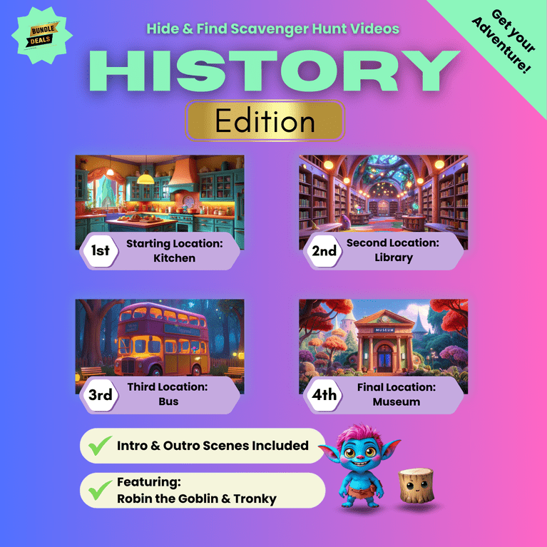 Image video bundle for History edition scavenger hunt video for kids with locations: kitchen, library, and bus museum. Price: £16.